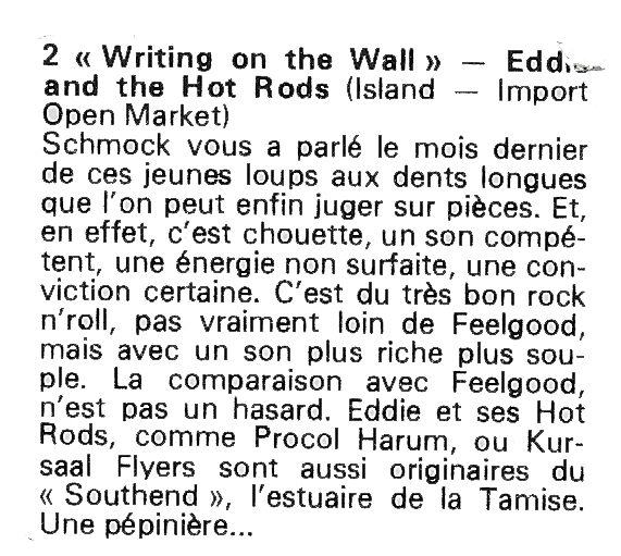 Eddie and The Hot Rods Writing on the wall Best n�94 de Mai 1976