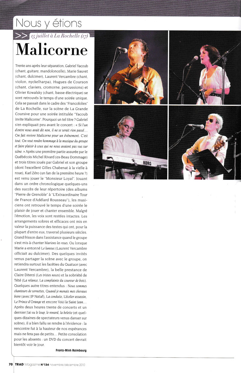Trad Magazine n°134 Novmebre Décembre 2010 Malicorne à La Rochelle