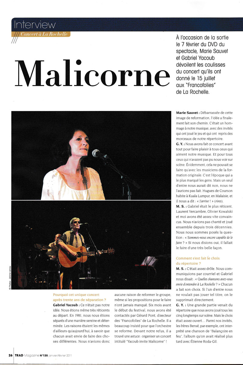 Trad Magazine n°135 Janvier Février 2011 page 26 Malicorne à La Rochelle