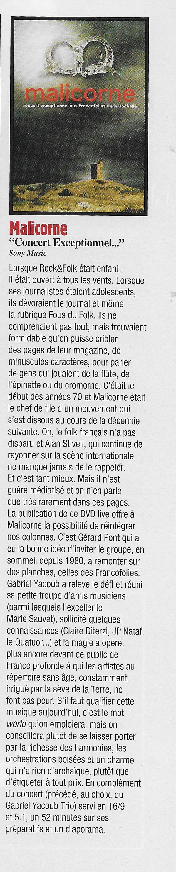 Rock & Folk n° 524 Avril 2011 Malicorne Le concert exceptionnel de La Rochelle